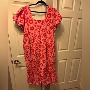 NWOT Disney 1X Minnie Mouse Pink and Red Flower Dress with pockets.